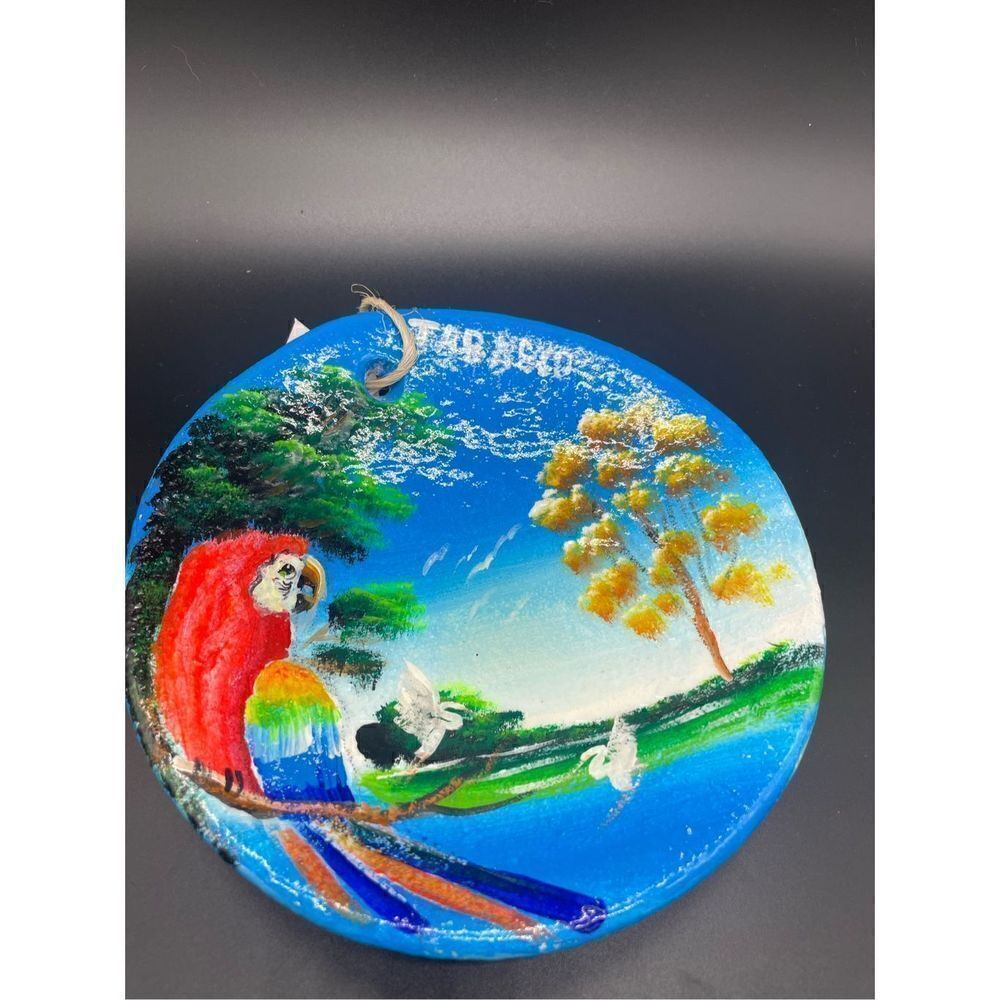 Handmade Painter Art Artisanal Comal Plate Tabasco Mexico Ocean and Parakeet
